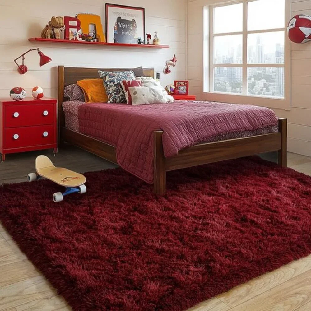 New 8x10 Burgundy Plush Shag Rug, Fuzzy Non-Slip High Pile Carpet for Home Decor